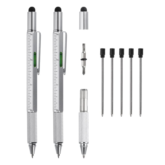 2 piezas 6 en 1 herramienta multifuncional de metal, regalo para hombres con bolígrafo, regla, destornillador, stylus, recargas, plata