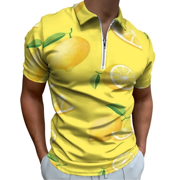 Lemons on Yellow Men Zipper T-shirt Summer Casual Short Sleeve T-shirt Top