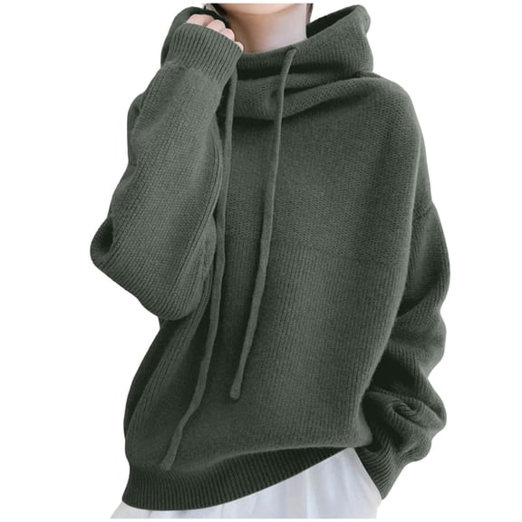 Rutainlusire Womens Fashion Warm Loose Comfy Hooded Sweaters Hoodies Stacked Collar Thick Sweater For Women Winter Long Sleeved Knitted Sweater For Women