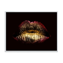 Designart 'Sexy Golden Metallized Woman Lips IV' Modern Framed Canvas Wall Art Print
