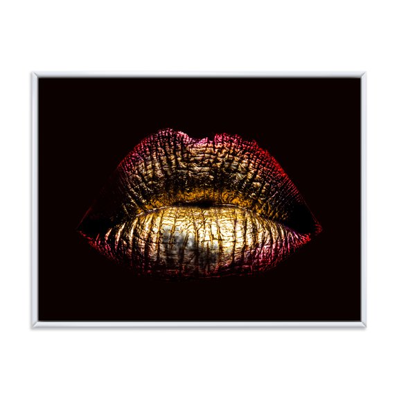 Designart 'Sexy Golden Metallized Woman Lips IV' Modern Framed Canvas Wall Art Print