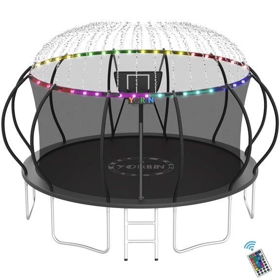 YORIN Trampolines Outdoor with Sprinkler and Lights, 1500LBS 16FT Trampoline for Kids and Adults, Backyard Heavy Duty Trampoline with Enclosure Net, Basketball Hoop, Ladder, Birthday Gift