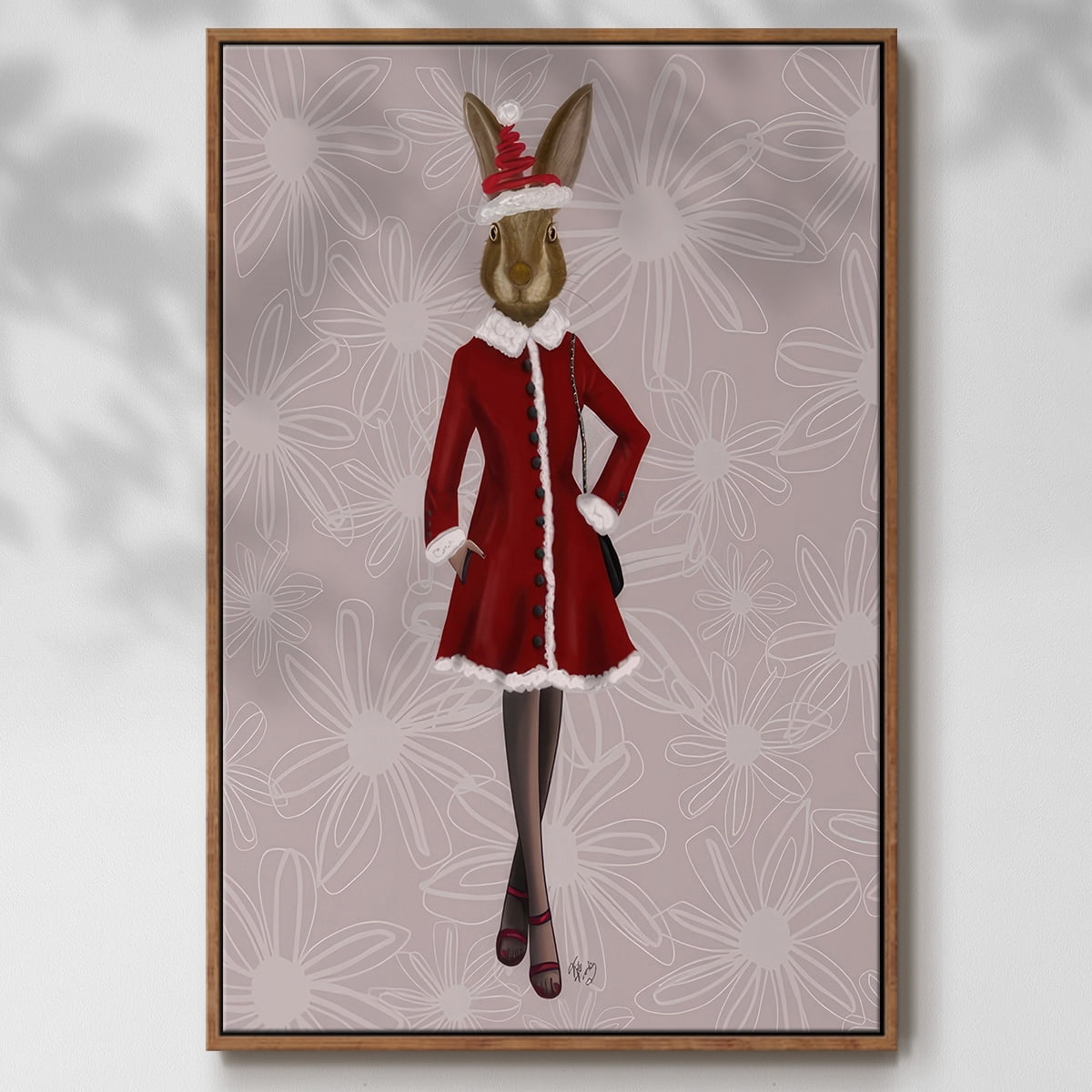 Christmas Christmas Fashion Bunny - Framed Gallery Wrapped Holiday Canvas - 25 x 37 - Rosewood Frame