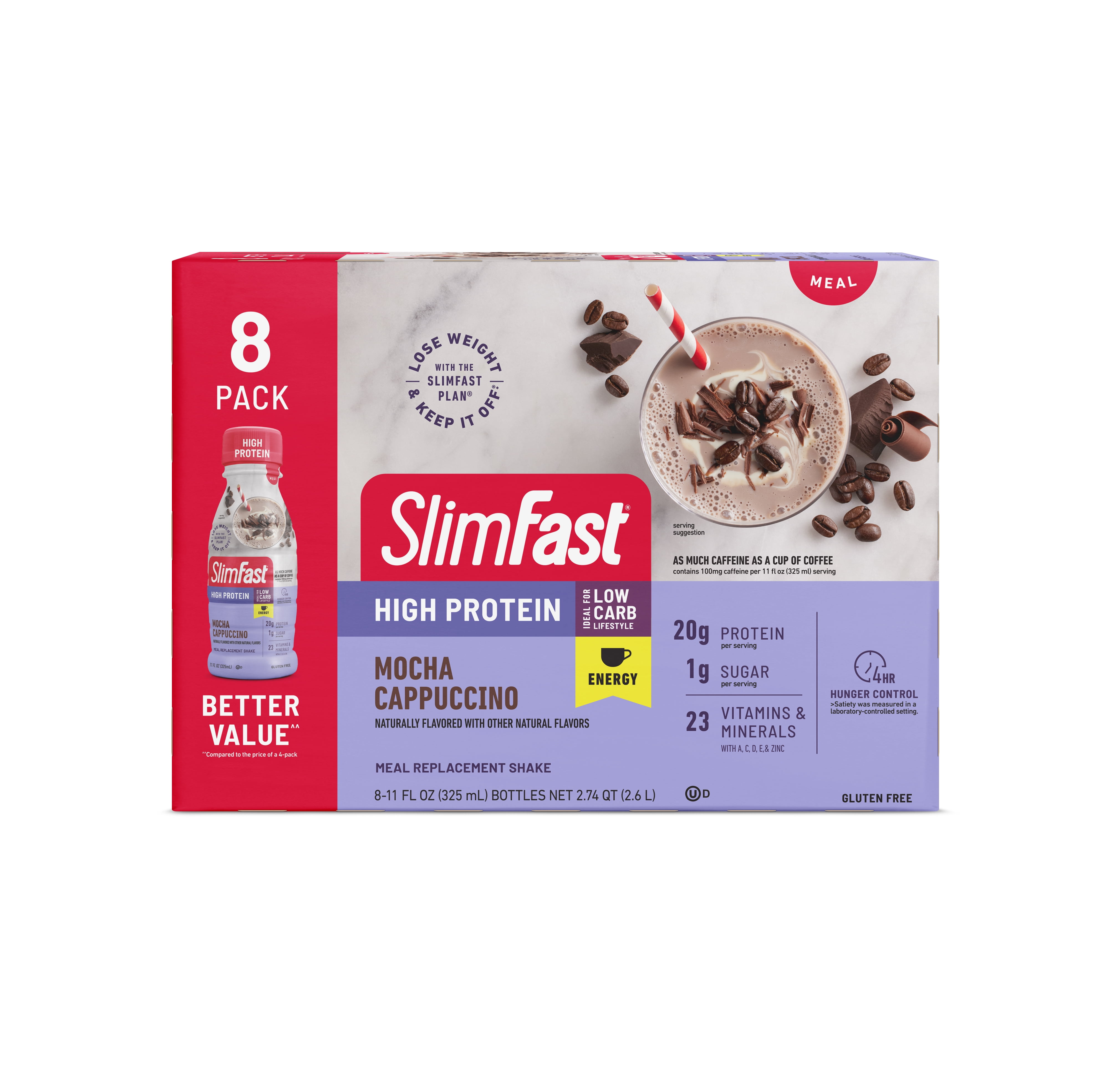 SlimFast High Protein Energy, Ready to Drink Meal Replacement Shakes, Mocha Cappuccino, 11 fl. Oz., 8 Ct