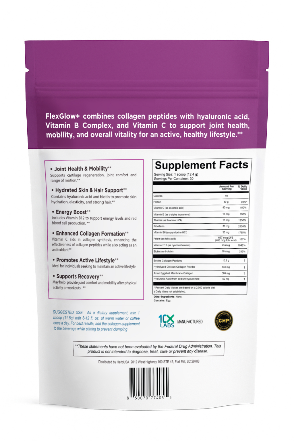 HerbUSA FlexGlow+ Collagen Peptides – Broad Spectrum (I, II, III, V, X) – Hyaluronic Acid, Biotin & Vitamin C - Hair, Skin & Joint Support – 30 Servings (12.17oz) (12.17 oz, Unflavored)