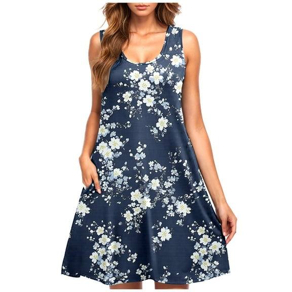 Levmjia Women Summer Dresses Sleeveless Casual Round Neck Floral Print Polyester Beach Vacation Office Elegant Comfortable Lightweight Multiple Colors