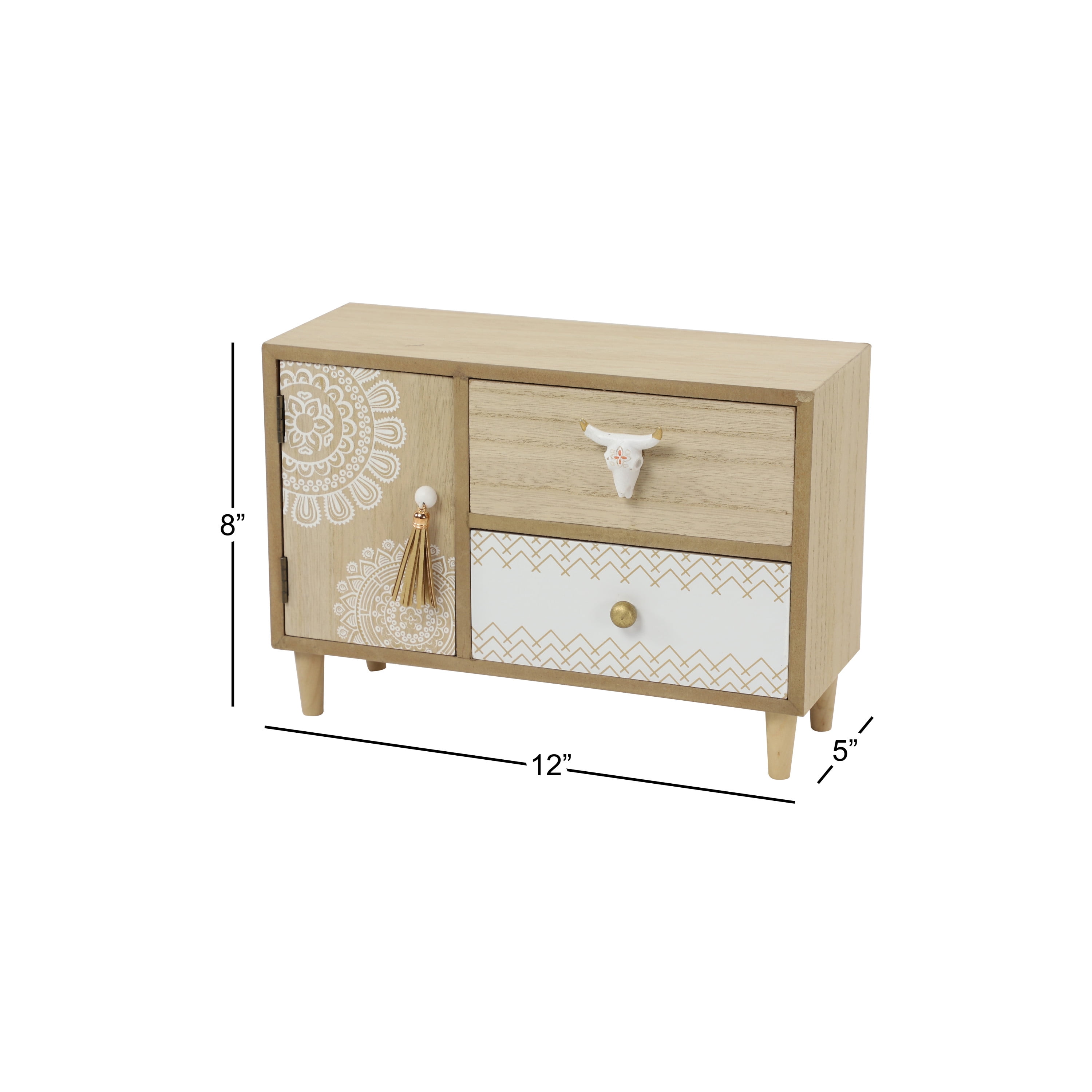 DecMode Floral 3 Drawers Light Brown Wooden Decorative Jewelry Box with Bull Head Knob
