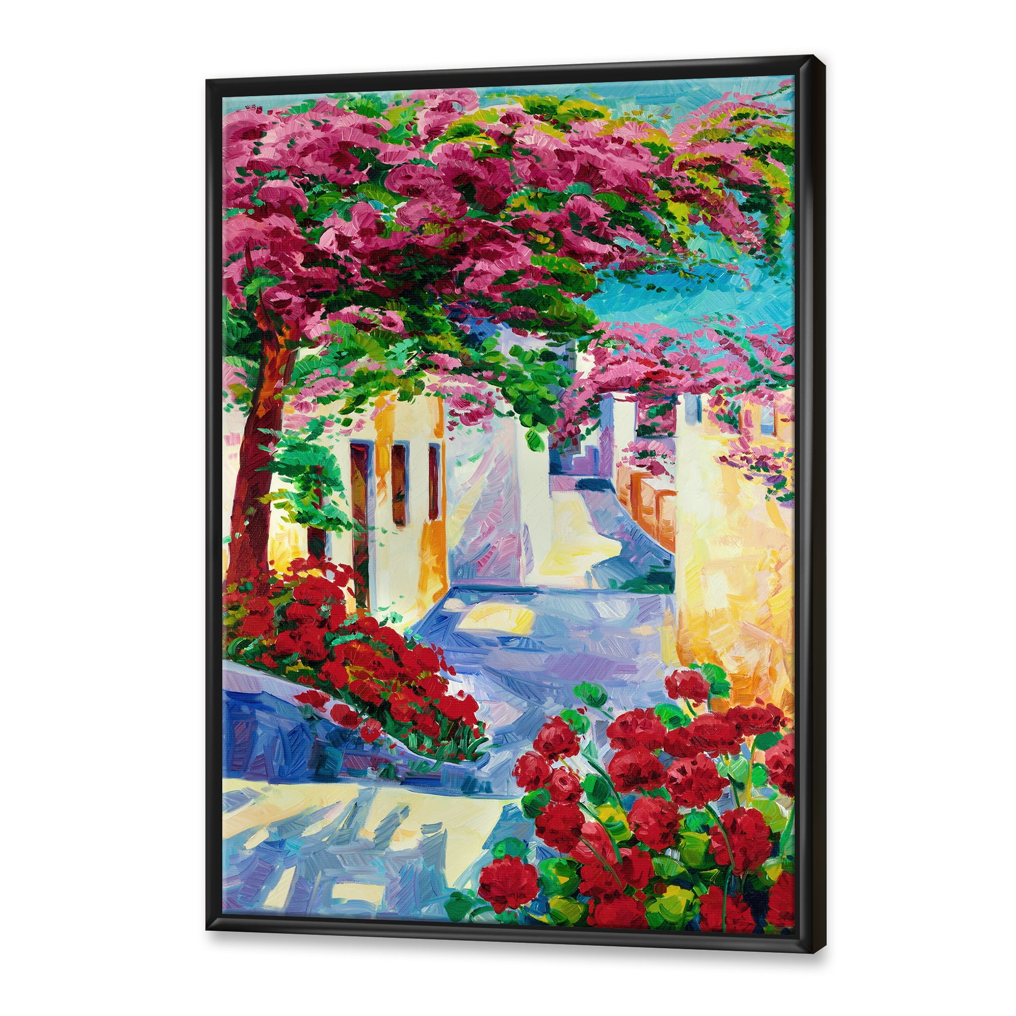 Designart 'Colorful Traditional Santorini Houses Among Flowers' Nautical & Coastal Framed Canvas Wall Art Print