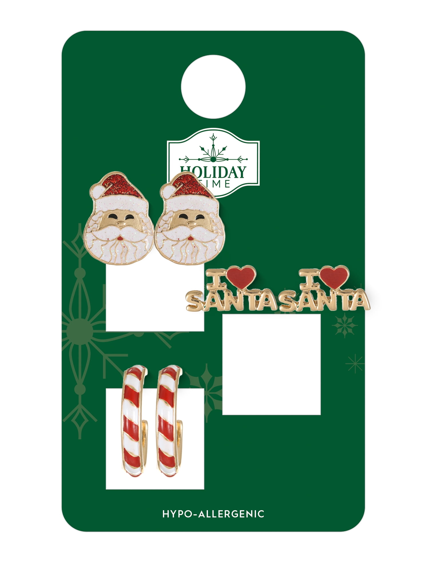 Holiday Time Santa and Candy Cane Earring Set, 3 Pairs