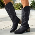 thumbnail image 3 of Wide Calf Knee High Cowboy Cowgirl Boots for Women Roman Casual Leather Pointed Stacked Mid Heel Western Riding Tall Boots Black Size 6, 3 of 7
