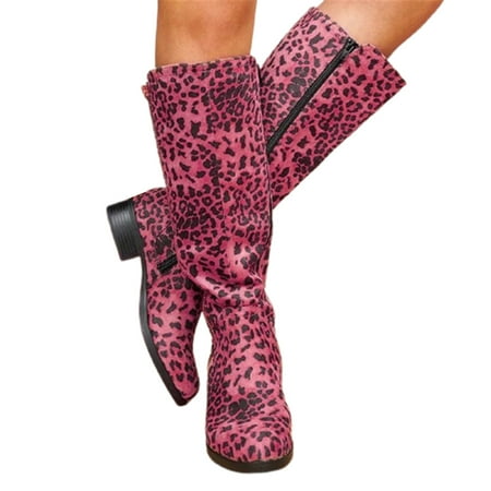 

Womens PU Warm Boots With Leopard Print Thick Heel Zipper Vintage Long Boots Warm Winter Outdoor Walking Shoes