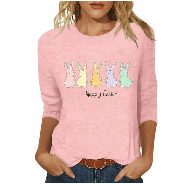 Tops de Cuello Redondo para las Mujeres Pascua Impresa 3/4 Mangas Blusa, Ligera Imitación Algodón Top Casual