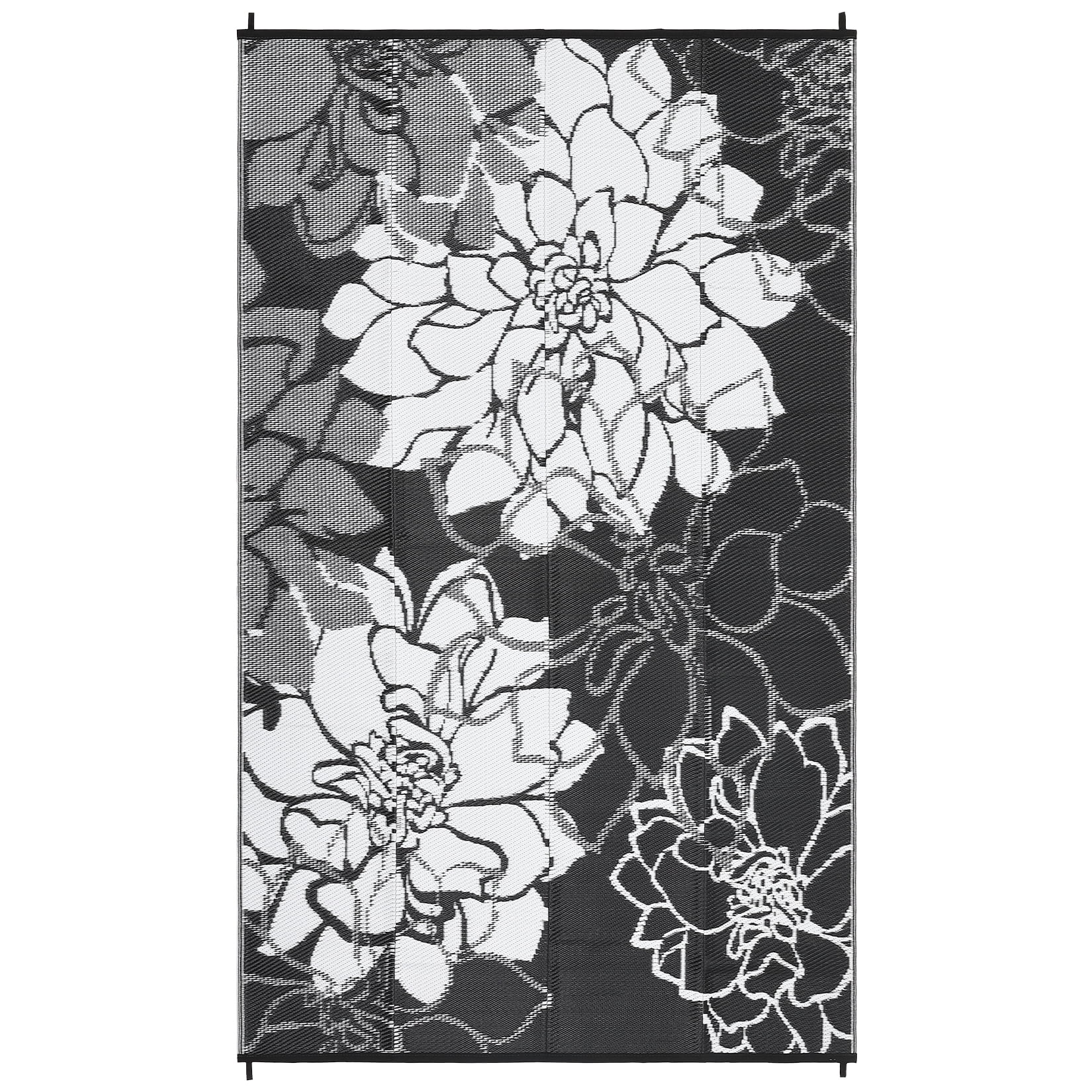GlowSol 9'x18' Outdoor Rug Plastic Straw Rug Modern Floral Reversible Camping Mat Waterproof Foldable Rug for Camping Patio RV Balcony, Black/White