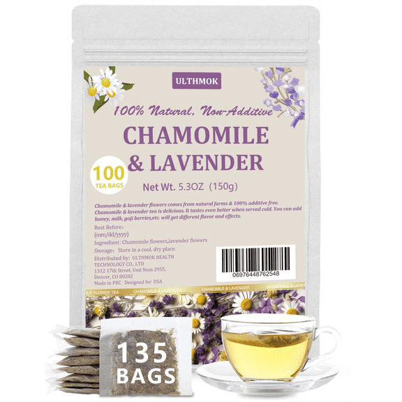 ULTHMOK Chamomile Lavender Tea Bags, Calming Herbal Blend Support for Relaxation & Better Sleep | Naturally Bedtime Tea with Soothing Floral Aroma, 100% Natural 100 Tea Bags