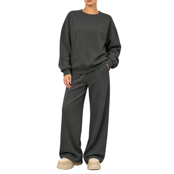 Women's 2 Piece Lounge Set Crewneck Sweatshirt and Wide Leg Pants Relaxed Casual Fall Fleece Travel Matching Set