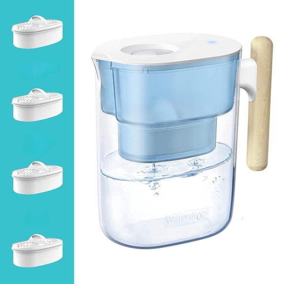 Waterdrop 200-Gallon Long-Life Chubby 10-Cup Water Filter Pitcher with 4 Filters, NSF Certified, 5X Times Lifetime, Reduces PFAS, PFOA/PFOS, Chlorine, BPA Free, Blue