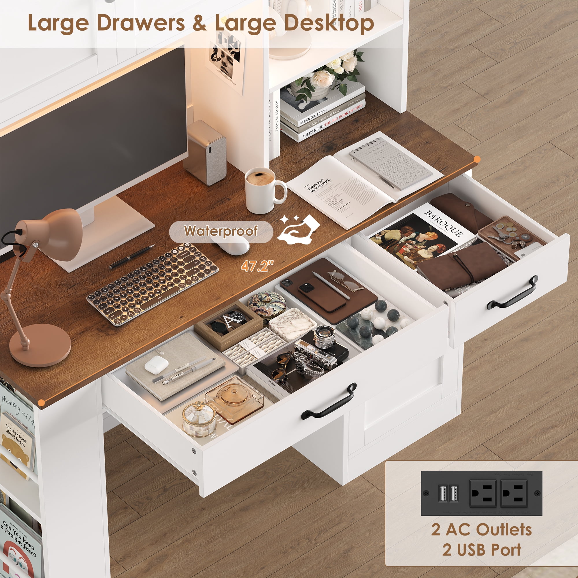Hiphuta LED Desk with Hutch, Computer Desk with Bookshelves and Charging Station, Study Desk with Storage, White