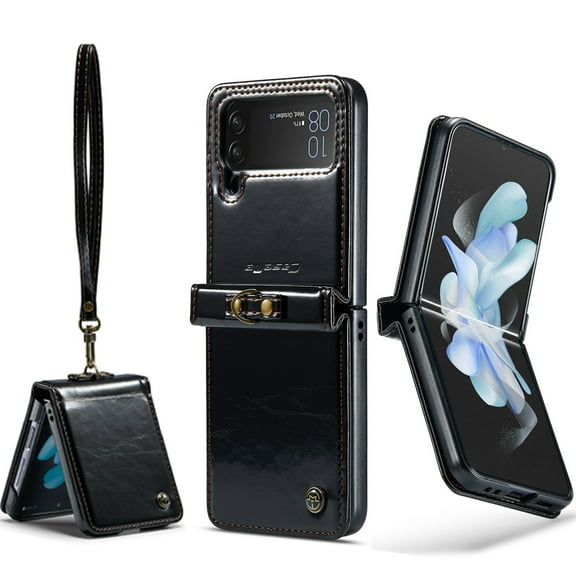 KONEE Phone Case Compatible with Samsung Galaxy Z Flip 4 5G,Leather Case PU Leather Flip Phone Case with [ Wrist Strap ], Foldable Phone Case for Samsung Galaxy Z Flip 4 5G Case - Black