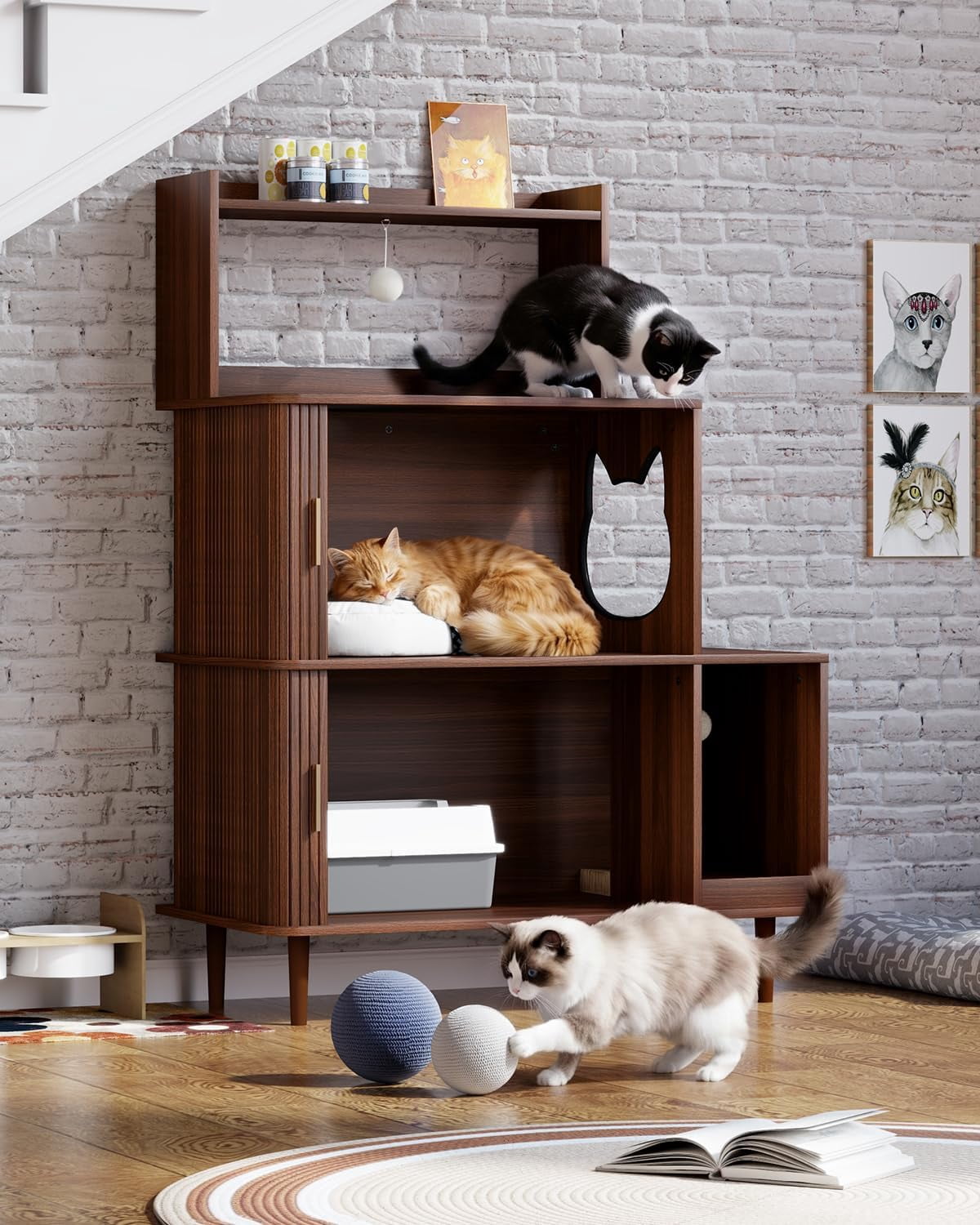 Cat Litter Box Enclosure Furniture with Sliding Door, Large 3-Tier Wood Cat House, Cat Scratch Pad & 2 Dangling Plush Balls, Brown