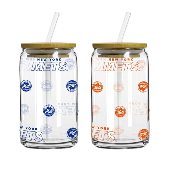 Logo Brands New York Mets 16oz. Step And Repeat Glass Can with Lid & Straw 2-Pack
