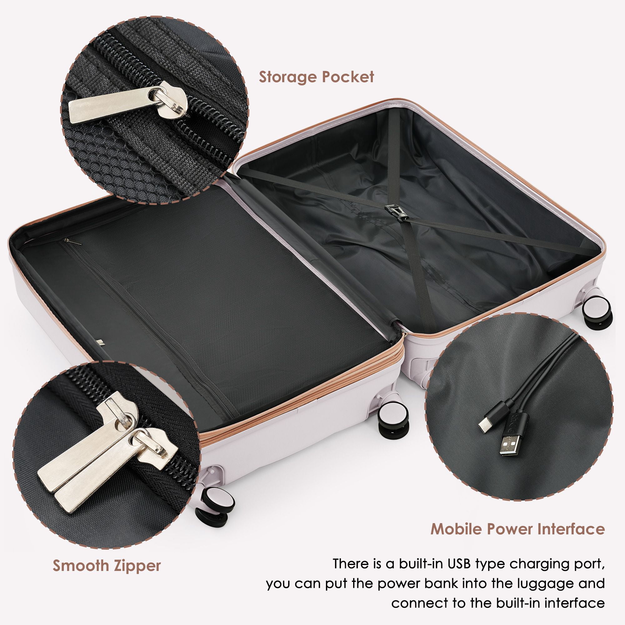 Aukfa Luggage Set, 3 Piece Expandable Hardshell Suitcase with USB Port and Cup Holders, Spinner Wheels, Ivory