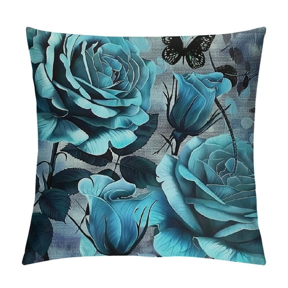 PHYHOO Teal Blue Cushion Covers ,Turquoise Ombre Rose Accent Pillow Cases for Boys Girls Adult,Grunge Watercolor Throw Pillow Covers,Vintage Contemporary Artwork Cushion Cases Bedroom Decor