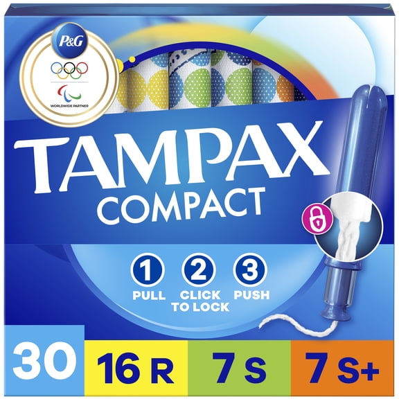 Tampax Compact Pearl Tampons Multipack, with LeakGuard Braid & Extendable Applicator, Regular/Super/Plus Absorbency, Compact Extendable Applicator, Unscented, 30 Count