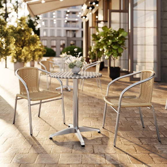 Flash Furniture 23.5'' Round Aluminum Indoor-Outdoor Table Set with 2 Beige Rattan Chairs