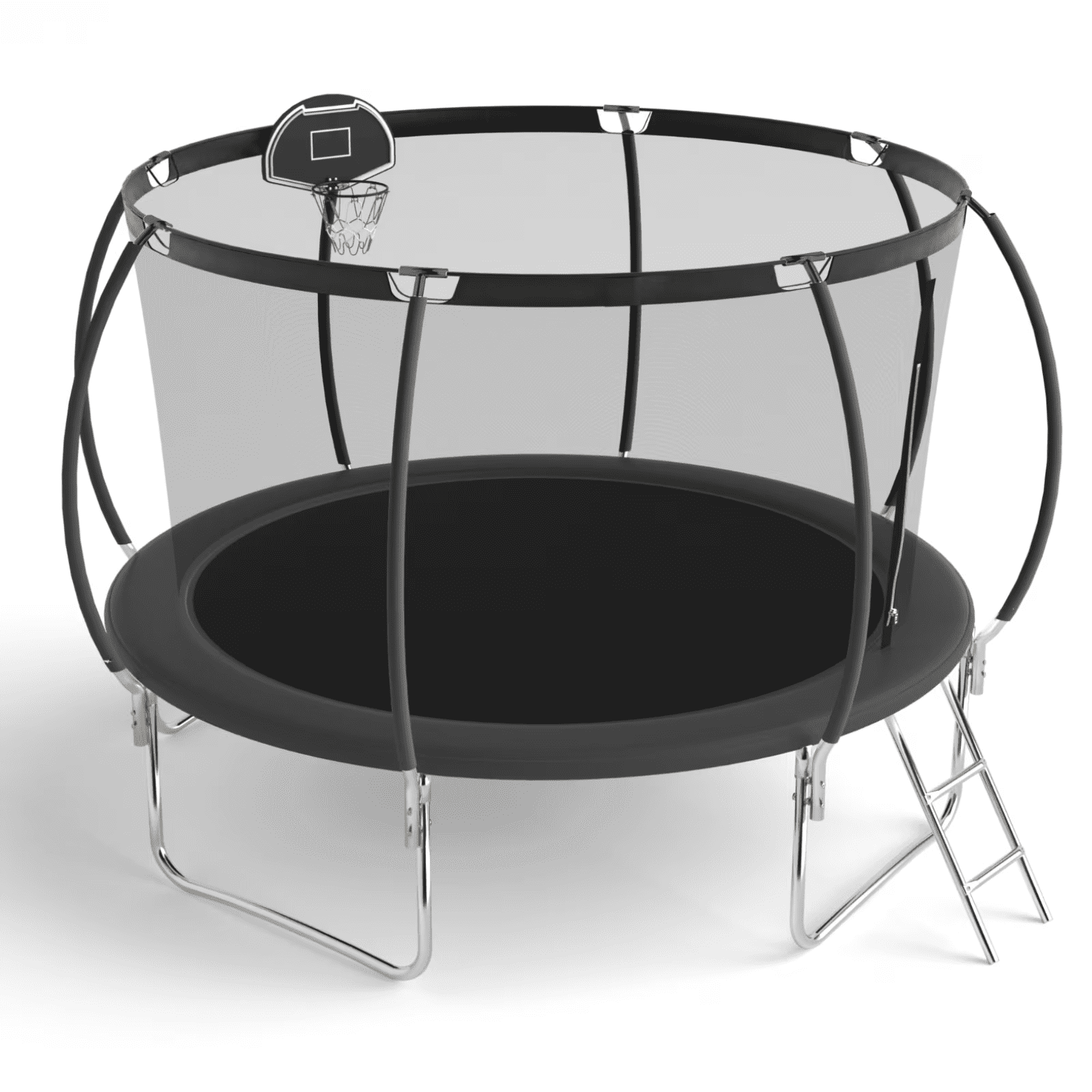 Seizeen Outdoor Kids Trampoline, 12FT Large Trampoline with Basketball Hoop & Enclosure, New Style Round Pumpkin Trampoline Anti-collision Curved Design, Black