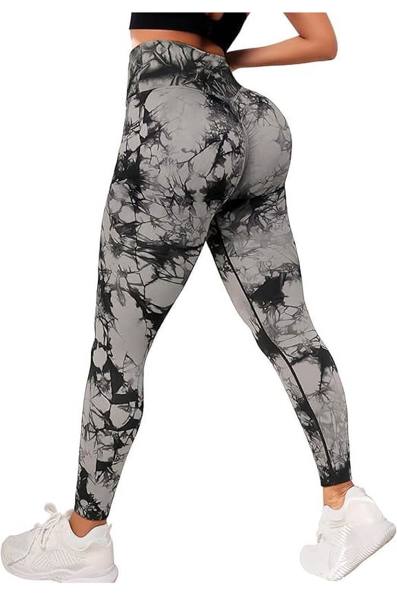 Hidden Scrunch Butt Lifting Leggings for Women Tummy Control High Waisted Workout Gym Seamless Impact Yoga Pants Color: Tie Dye - Black Gray