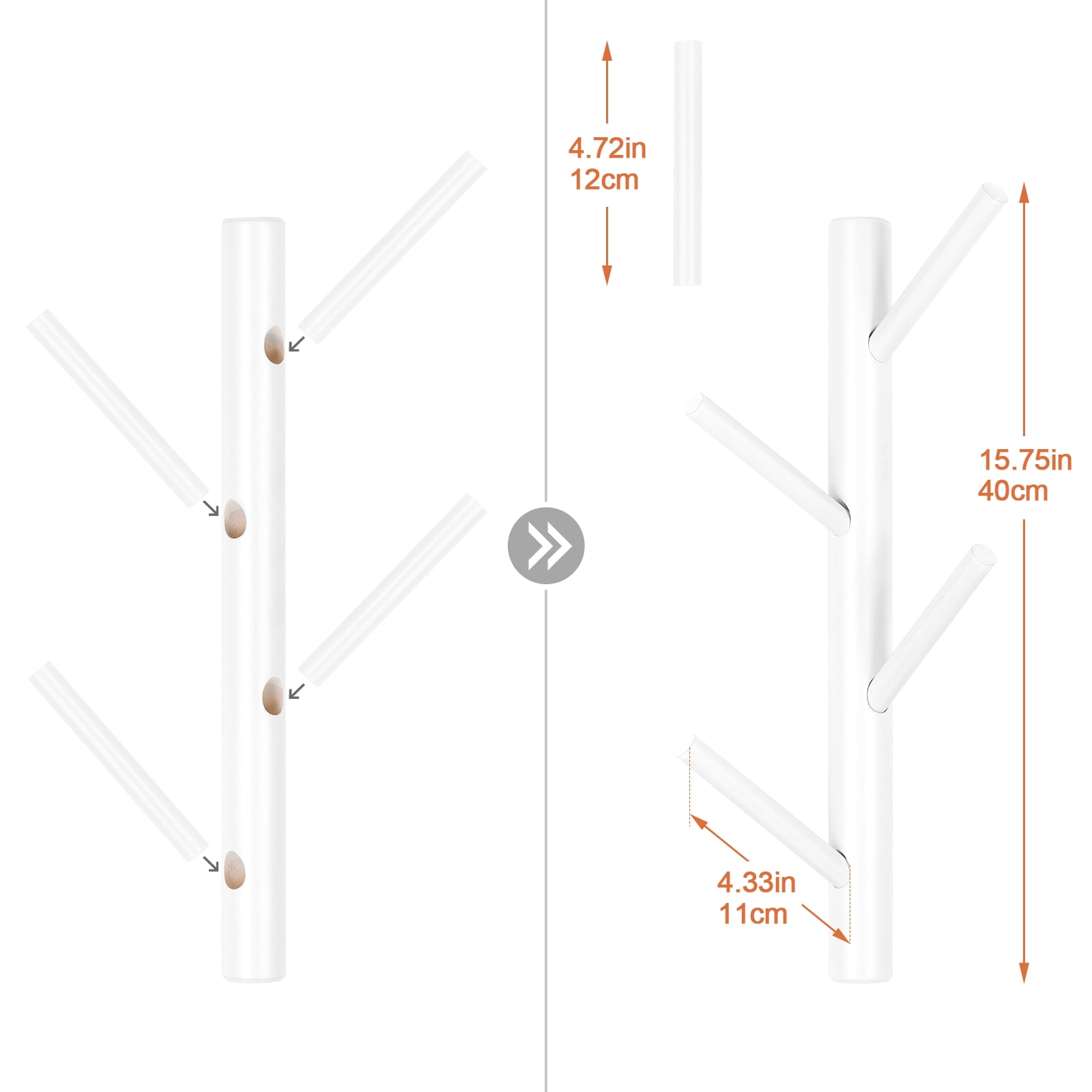 4 Hooks Wood Coat Rack Wall Mounted Tree Branch Coat and Hat Entryway Rack, White