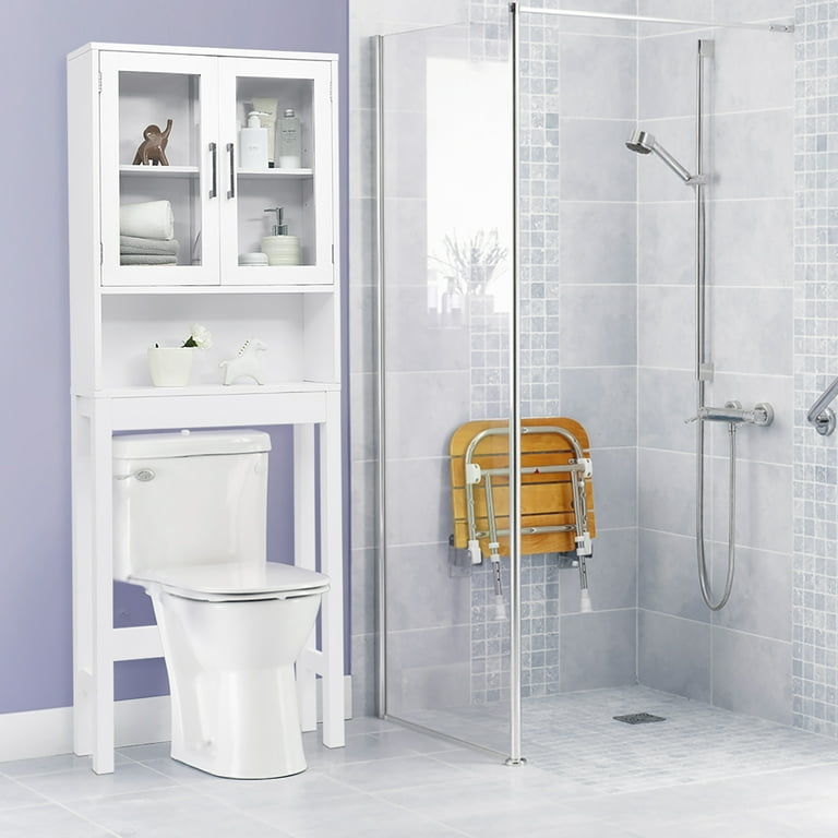 Over The Toilet Storage Cabinet with Double Tempered Glass Doors - Color: White