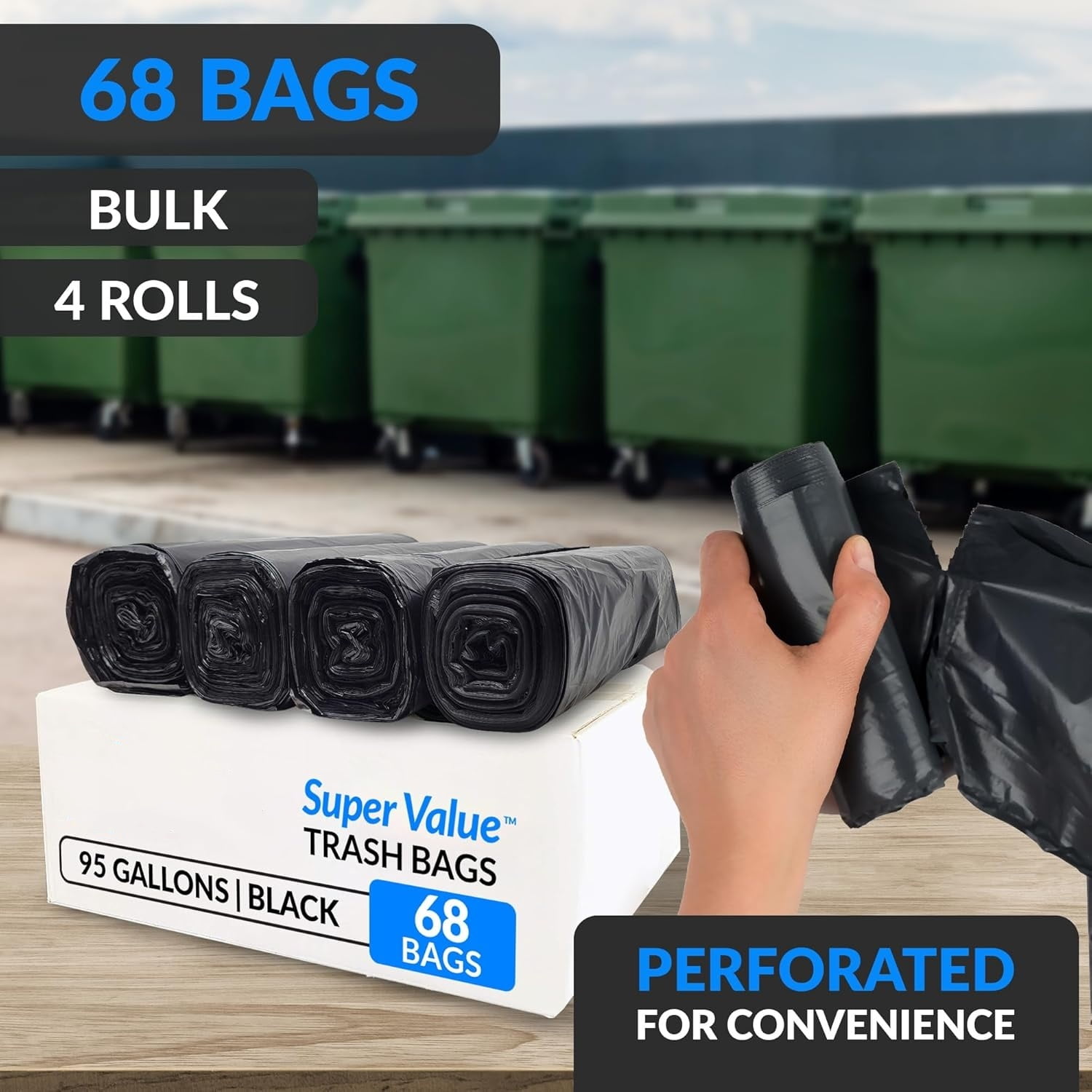 95 Gallon Trash Bags Heavy Duty | 68 Trash Bags | Super Sizeable, Black, Garbage for Serious Cleanup