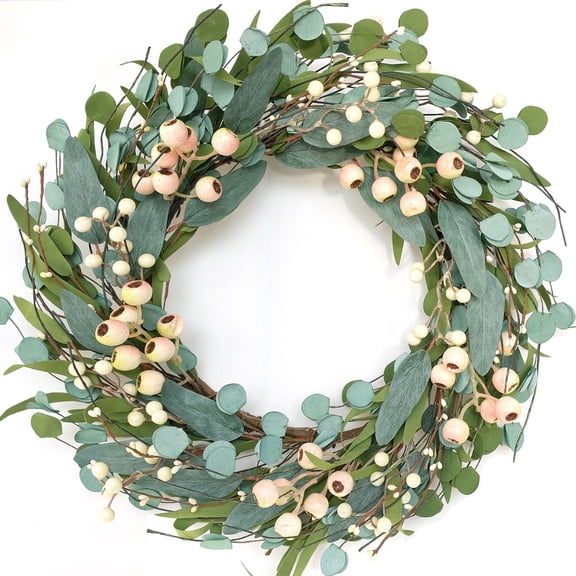 Idyllic 20 inch Spring Eucalyptus Wreath for Front Door, Round & Long Leaves with White Berries