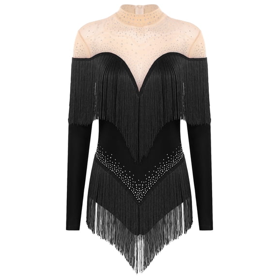 TiaoBug Womens Shiny Rhinestones Leotard Tassel Fringe Latin Jazz Modern Dance Performance Wear Black L