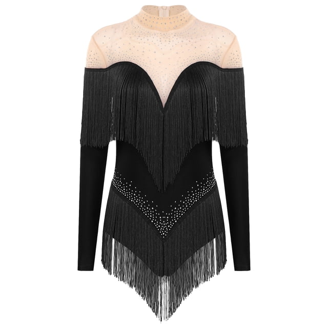 Alvivi Justaucorps de Danse pour Femmes Manches Longues Patchwork en Maille avec Strass à Franges Robe de Danse Latine Tango Noire L