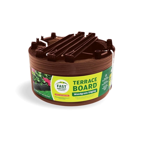 Master Mark Terrace Board 5-Inch x 20-Ft Plastic Garden Edging Border, Brown Wood Grain, Flexible & Durable, Includes 5 Anchoring Stakes, Made in USA - Ideal for Landscape Edging & Garden Fence