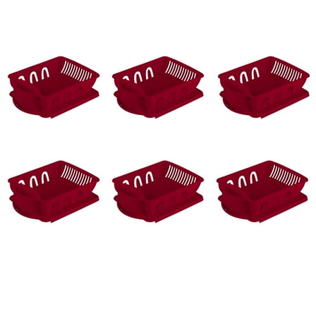 Sterilite 2 Piece Sink Set, Dish Drainer and Drainboard for Plates, Cups, and Flatware, Red, Pack of 6