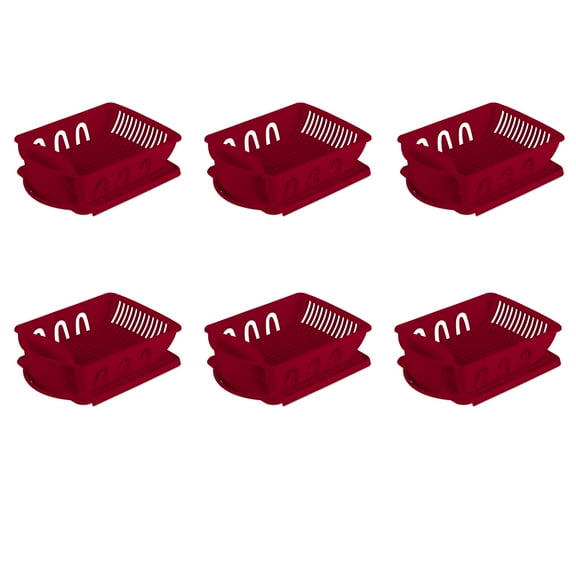 Sterilite 2 Piece Sink Set, Dish Drainer and Drainboard for Plates, Cups, and Flatware, Red, Pack of 6