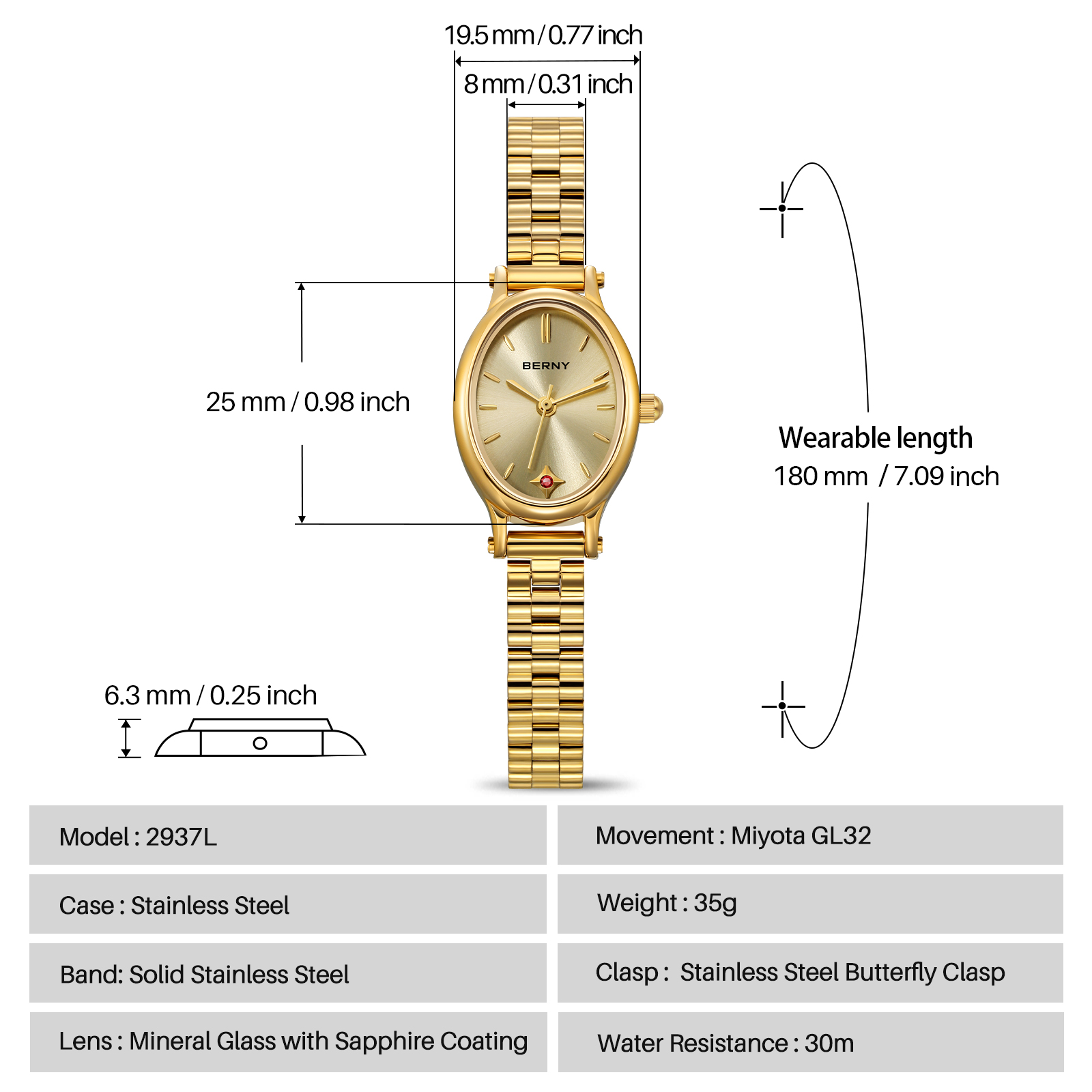 BERNY Small Gold Watches for Women, Dainty Luxury Oval Sunray Dial, Stainless Steel Bracelet Watch, Adjustment Tool Included, Waterproof, Fashion Ladies Analog Quartz Wrist Watch Gifts (Gold)