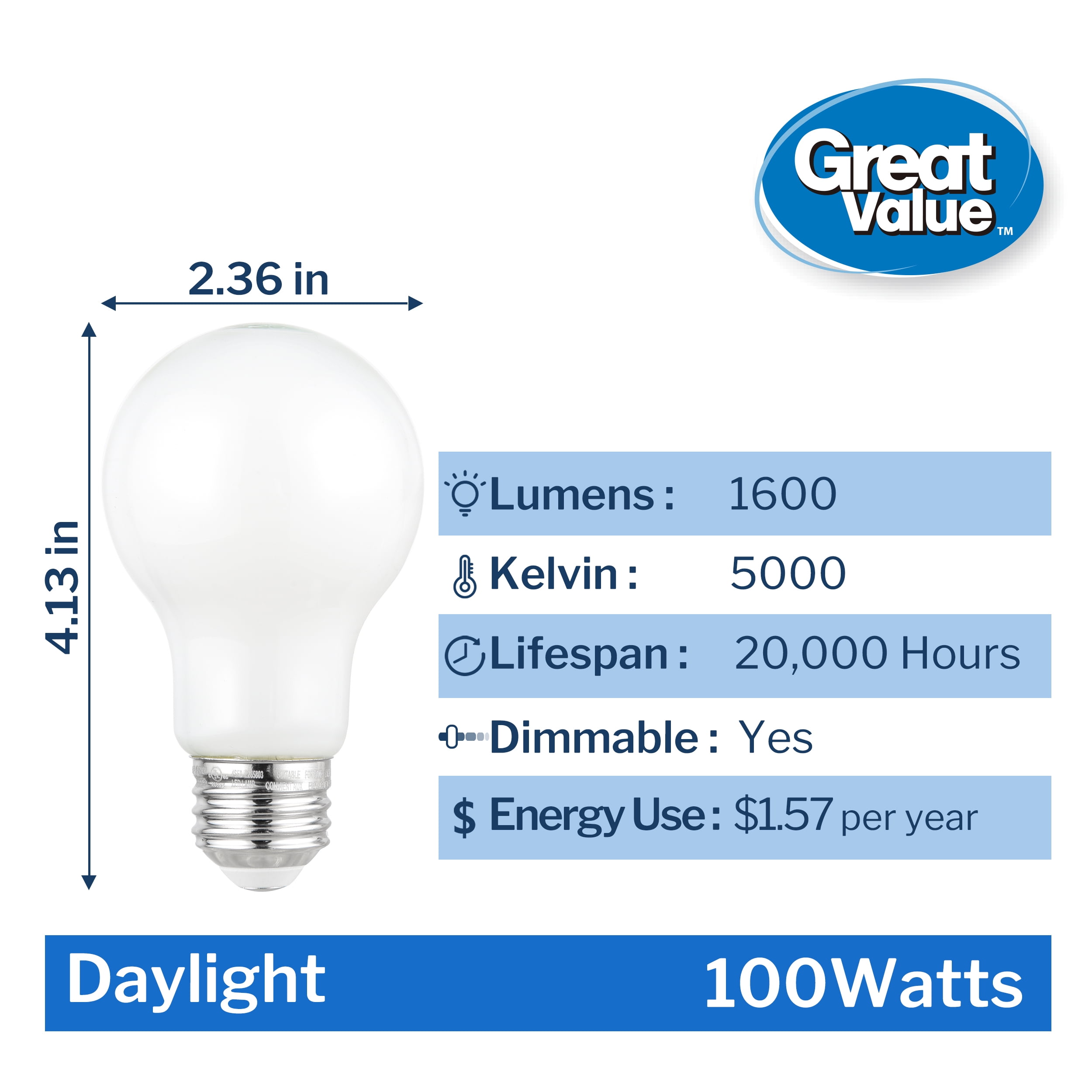 (2 pack) Great Value A19 LED 13W (100W Equivalent) Daylight E26 Medium Base General Purpose Light Bulbs, Dimmable, 4 Pack