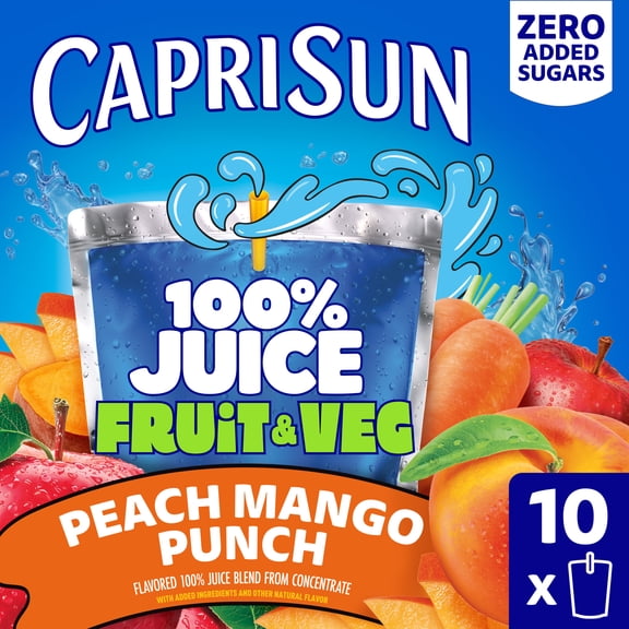 Capri Sun 100% Juice Fruit & Veg Juice Blend from Concentrate, 10 Pouches, for School Lunches and On-the-Go Hydration, Peach Mango Punch, All Natural Ingredients, Zero Added Sugars, 6 oz