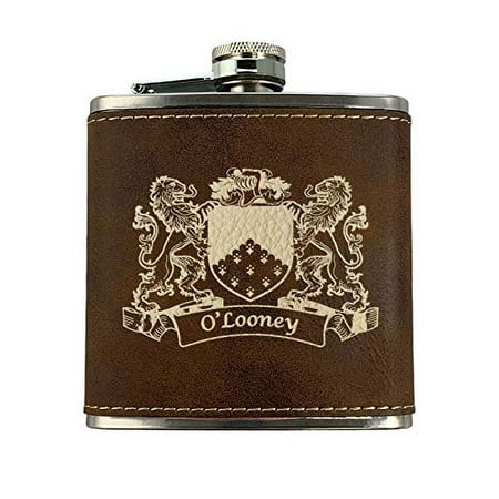 

O Looney Irish Coat of Arms Leather Flask - Rustic Brown