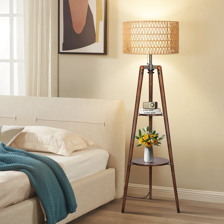 Outon Boho Rattan Tripod Floor Lamp with Shelves photo 7