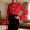 thumbnail image 2 of Womens Button Down Shirt Long Sleeve Dress Shirts Solid Work Blouse with Ruffle and Tie Detail Red L, 2 of 5