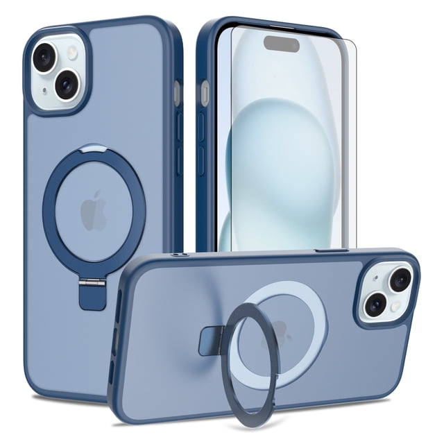 Asuwish Phone Case for iPhone 14 Plus/15 Plus 6.7 inch Tempered Glass Screen Protector Magnetic Folding Stand Frosted Translucent Rugged Shockproof Protective Cell Cover i-Phone 14+ iPhone15+ Blue