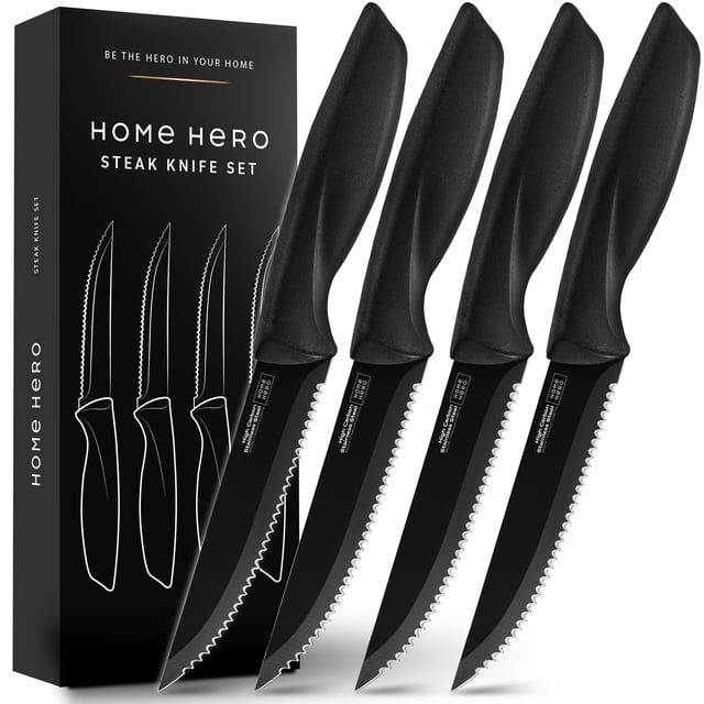 Juego de cuchillos para carne Home Hero, 4 piezas, acero serrado negro