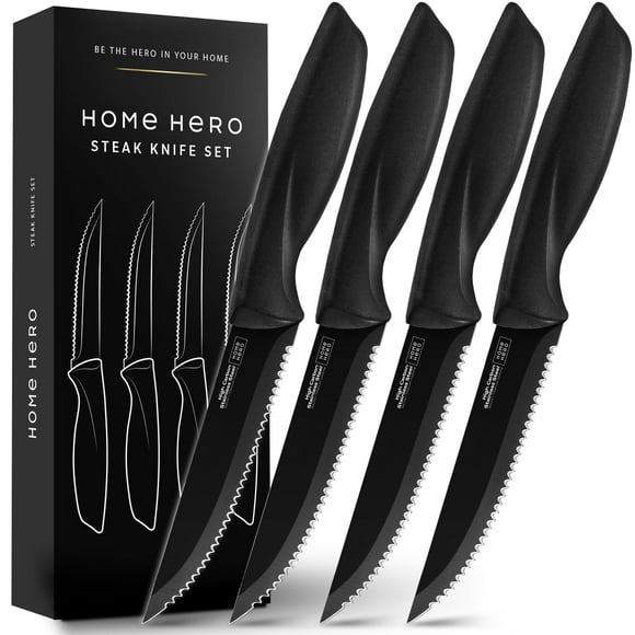 Juego de cuchillos para carne Home Hero, 4 piezas, acero serrado negro