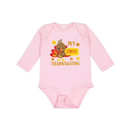 

Inktastic My First Thanksgiving with Turkey and Leaves Gift Baby Boy or Baby Girl Long Sleeve Bodysuit