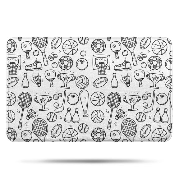 Doodle Sports Icons Pattern Bathroom Rugs Mat,Non Slip Microfiber Bathroom Rug,Rubber Backing,Soft Bathroom Mats for Bathroom Floor,Tub and Shower,17x27in(43x68cm)